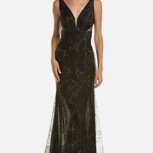 Marchesa Notte Black Glitter plunge neckline gown